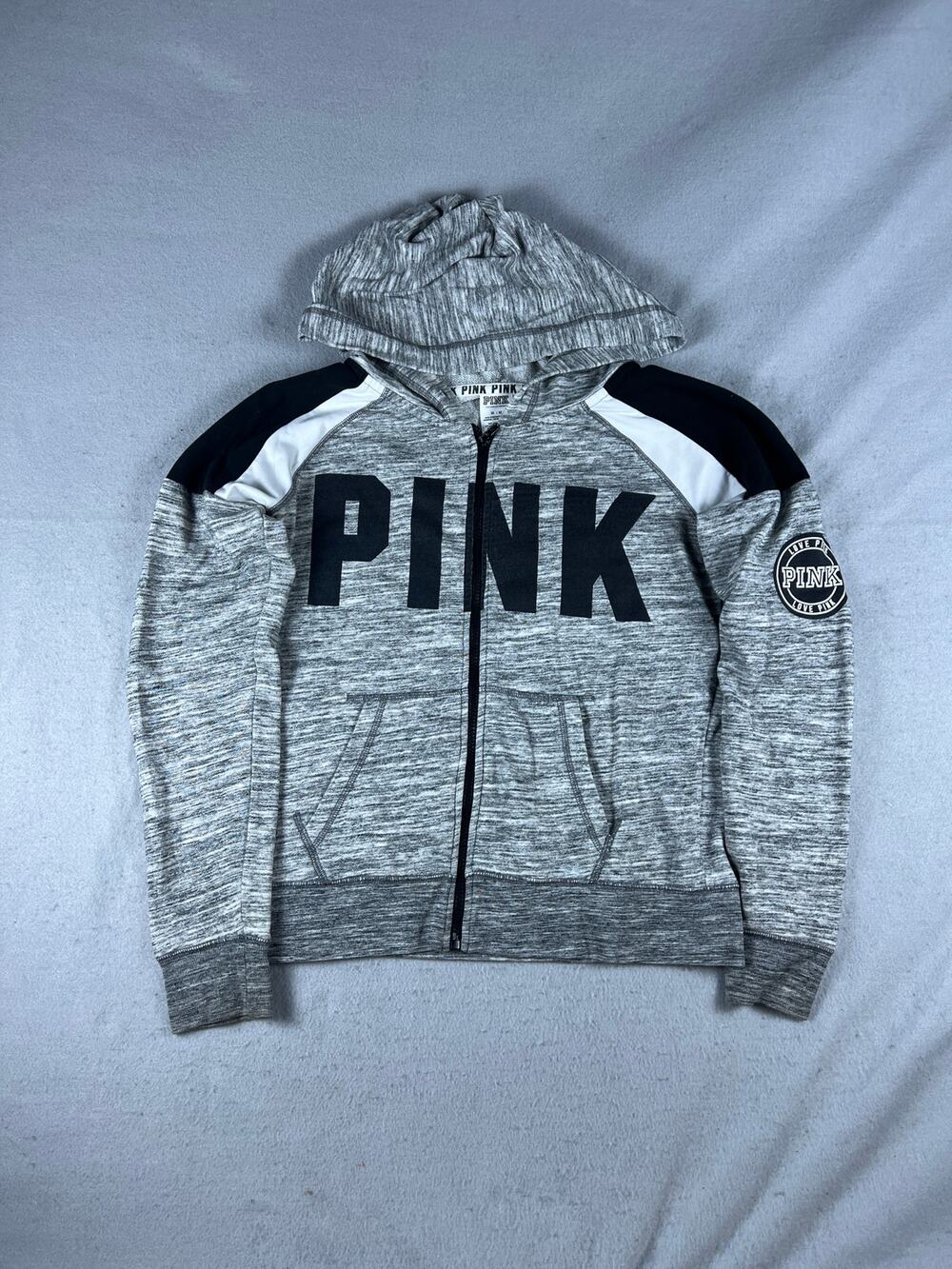PINK Victoria's Secret Hoodie Womens M Gray Spellout Graphics Print Sweatshirt